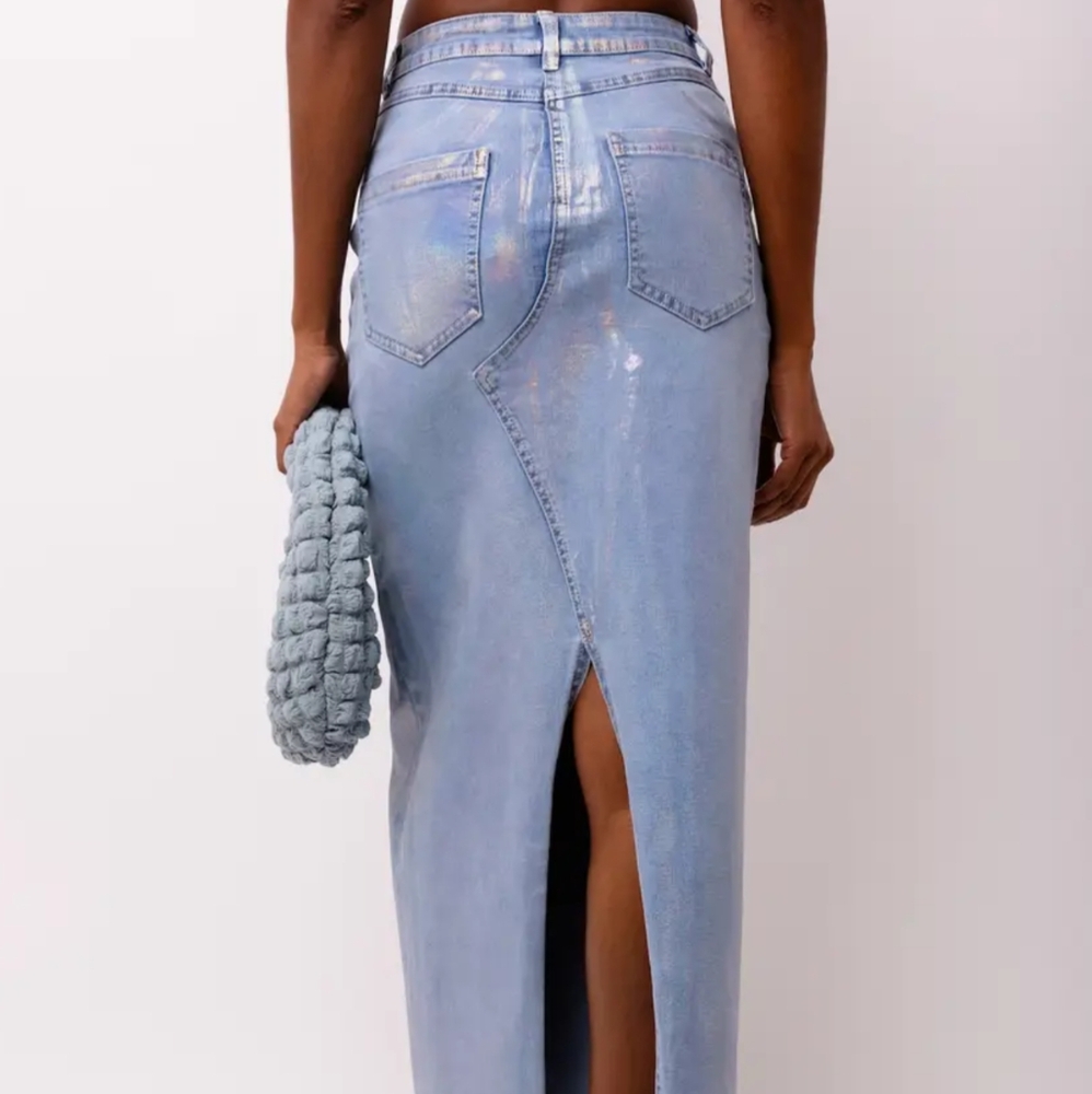 NWT Metallic Light Blue Denim Maxi Skirt